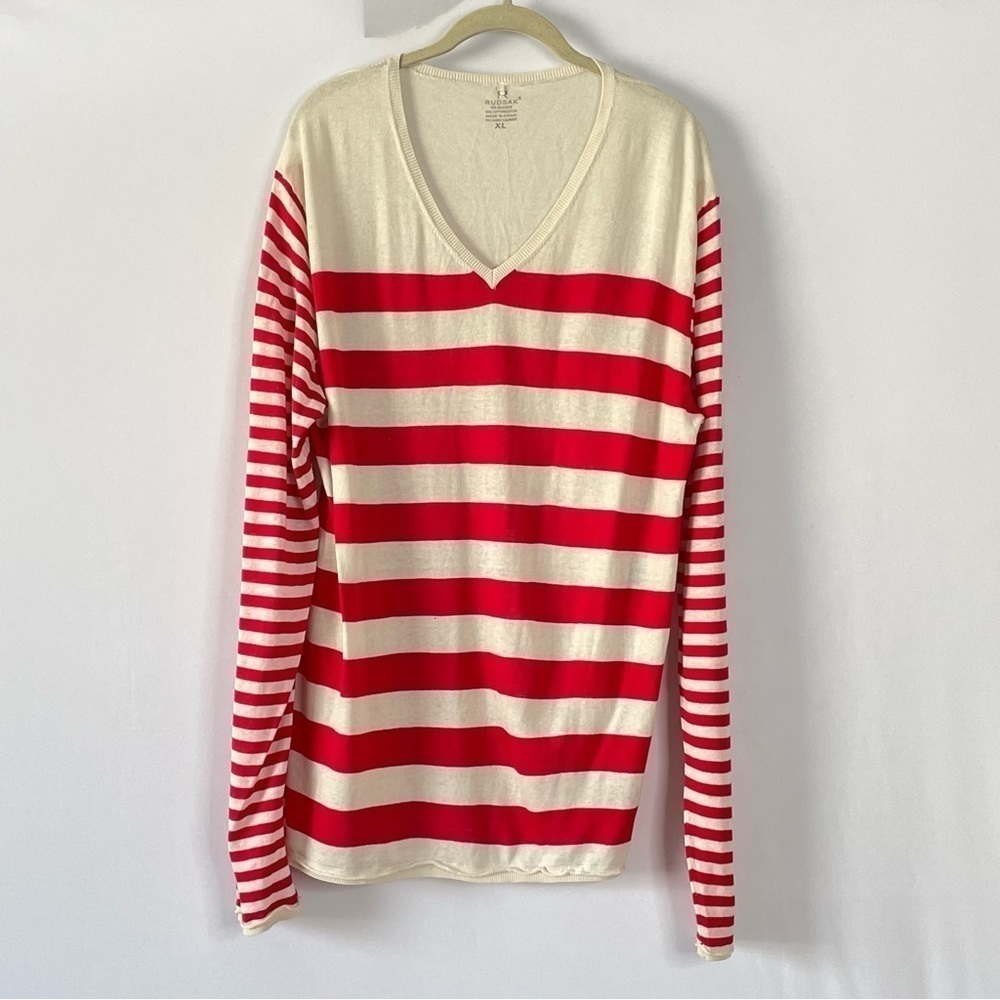 RUDSAK Red and Cream Striped V-Neck Sweater